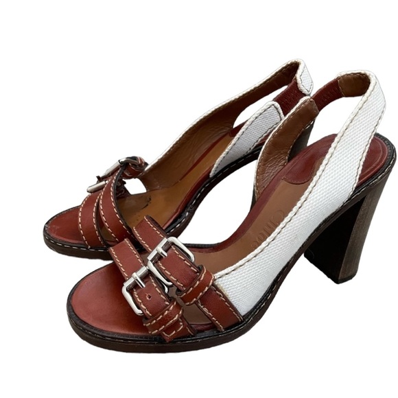 Chloé Brown Leather and White Canvas Stacked 4”Heels - Picture 5 of 7